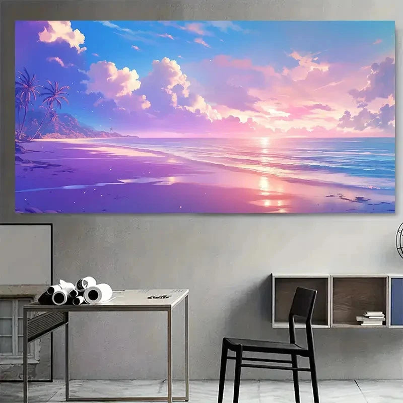 Vibrant Seaside Sunset Scenery Wall Art Canvas Office Home Room Framed 120x60cm