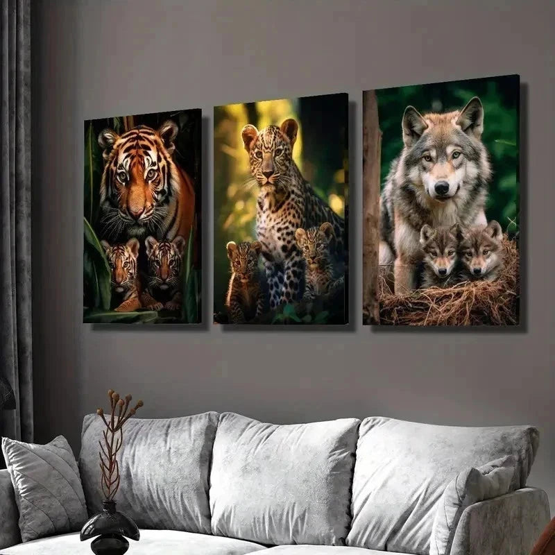 3pcs Vibrant Tiger, Leopard & Wolf Family  Wall Art Set Canvas Framed 60x90cm - High Quality Print 100% Australian Made Wall Canvas Ready to Hang