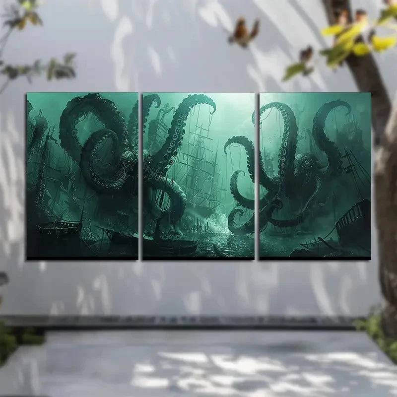 3pcs Nautical Marine Life Siren & Octopus Design Metal Print Ready to Hang Art