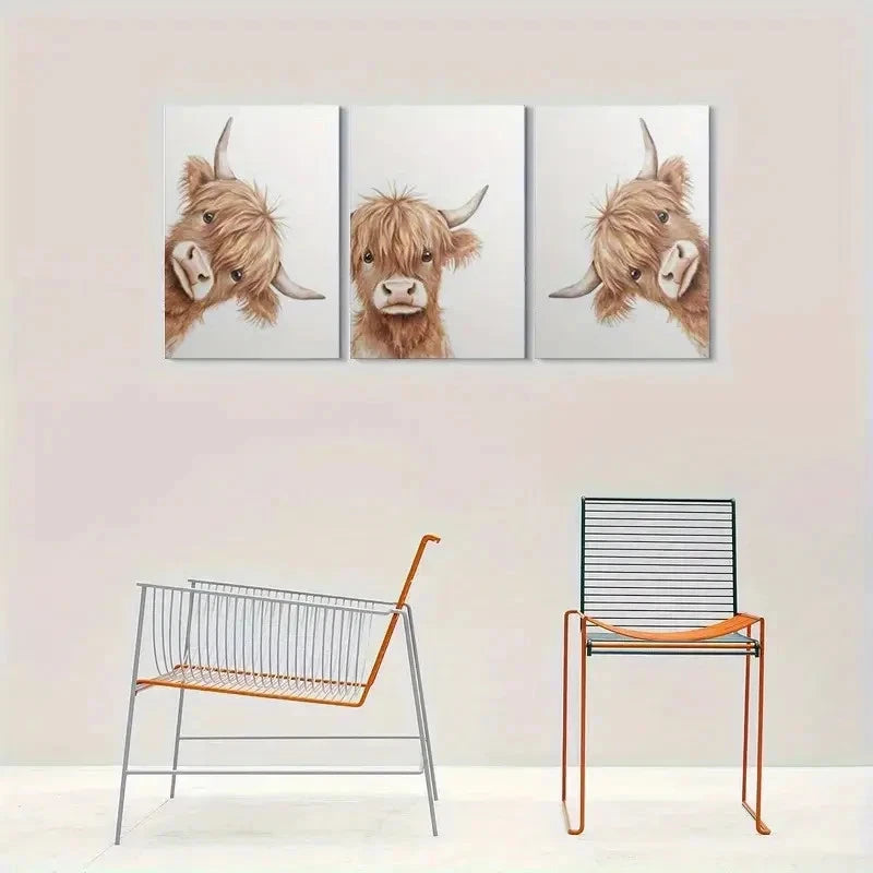 3pcs Cute Animal Highland Cow Wall Art Set Canvas Framed 40x60cm - High Quality Print 100% Australian Made Wall Canvas Ready to Hang - Bella Home Decor