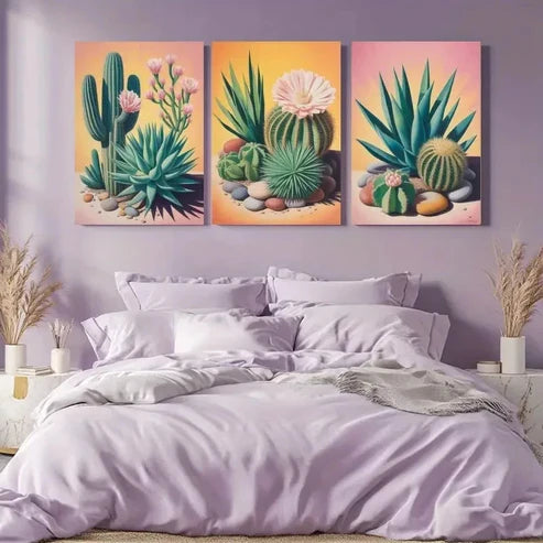 3pcs Cactus & Succulent Prints with Pebble Wall Art Canvas Unframed - High Quality Print 100% Australian Made Wall Canvas - Bella Home Decor