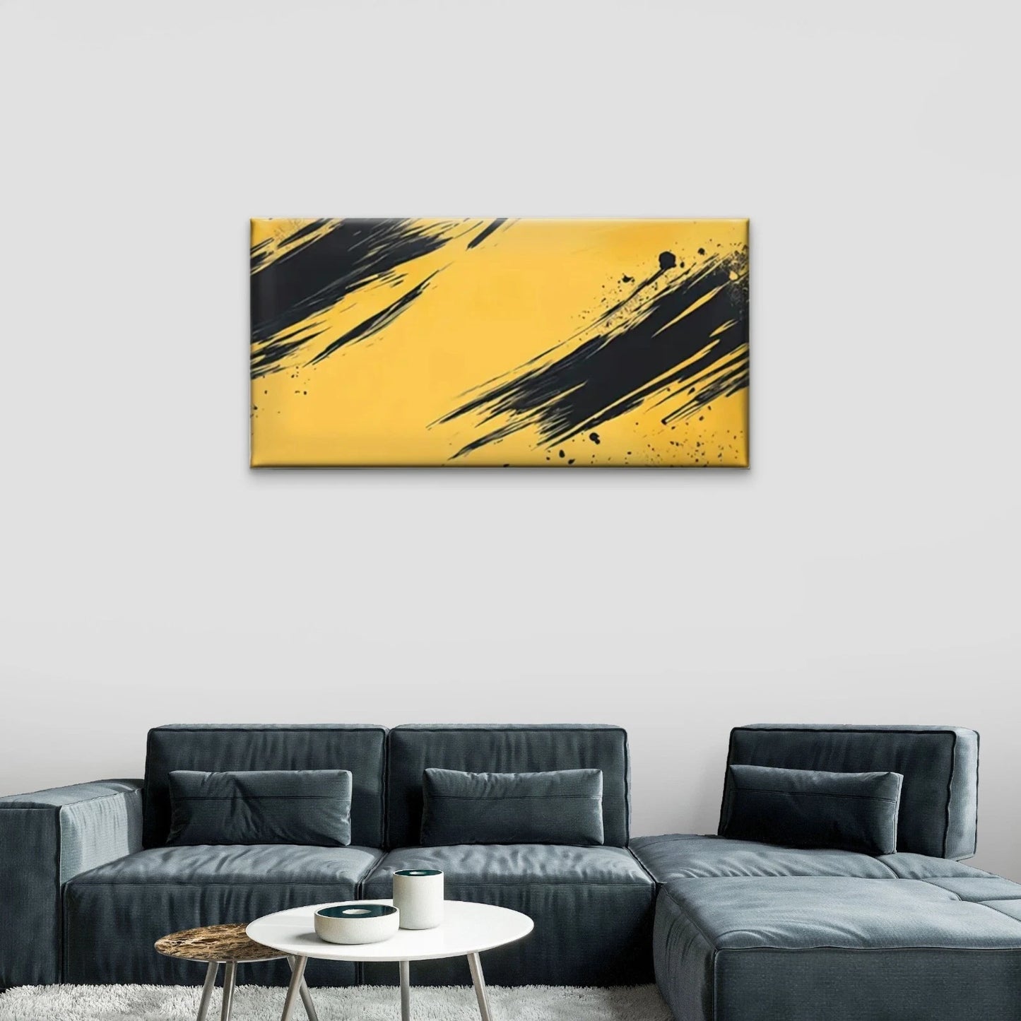 Yellow Black Brush Abstract Wall Art Canvas Office Home Room Framed 120x60cm