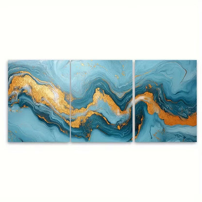 3pcs Golden Accents Abstract Light Blue Marbled Metal Print Ready to Hang Art - Bella Home Decor
