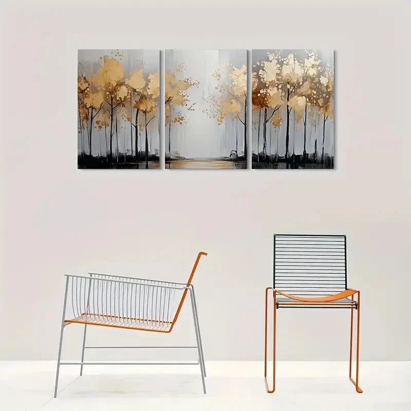 3pcs Abstract Tree Golden Leaf Metal Print Ready to Hang Art - Bella Home Decor