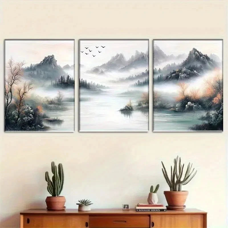 3pcs Chinese Style Landscape with Fog and Birds Metal Print Ready to Hang Art - Bella Home Decor