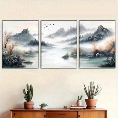 3pcs Chinese Style Landscape with Fog and Birds Metal Print Ready to Hang Art - Bella Home Decor
