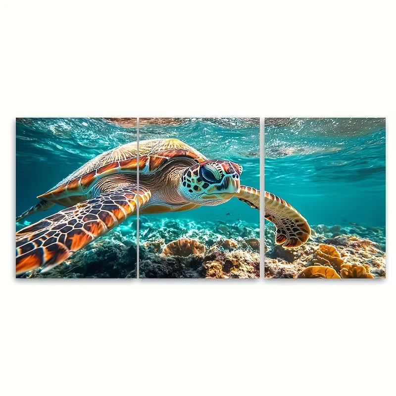 3pcs Aquatic Serene Underwater Turtle Metal Print Ready to Hang Art - Bella Home Decor
