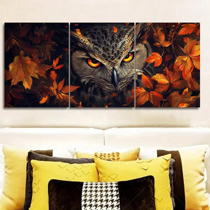 3pcs Fierce Owl Stares From Autumn Leaves  Wall Art Set Canvas Framed 40x60cm - High Quality Print 100% Australian Made Wall Canvas Ready to Hang - Bella Home Decor