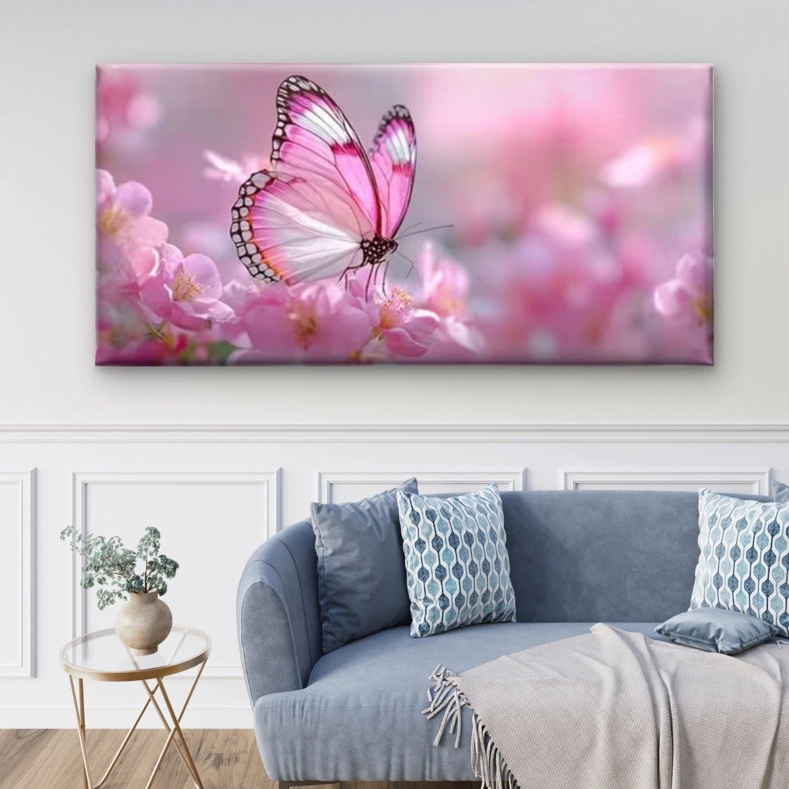Soft Pink Butterfly & Cherry Wall Art Canvas Office Home Room Framed 120x60cm - Bella Home Decor