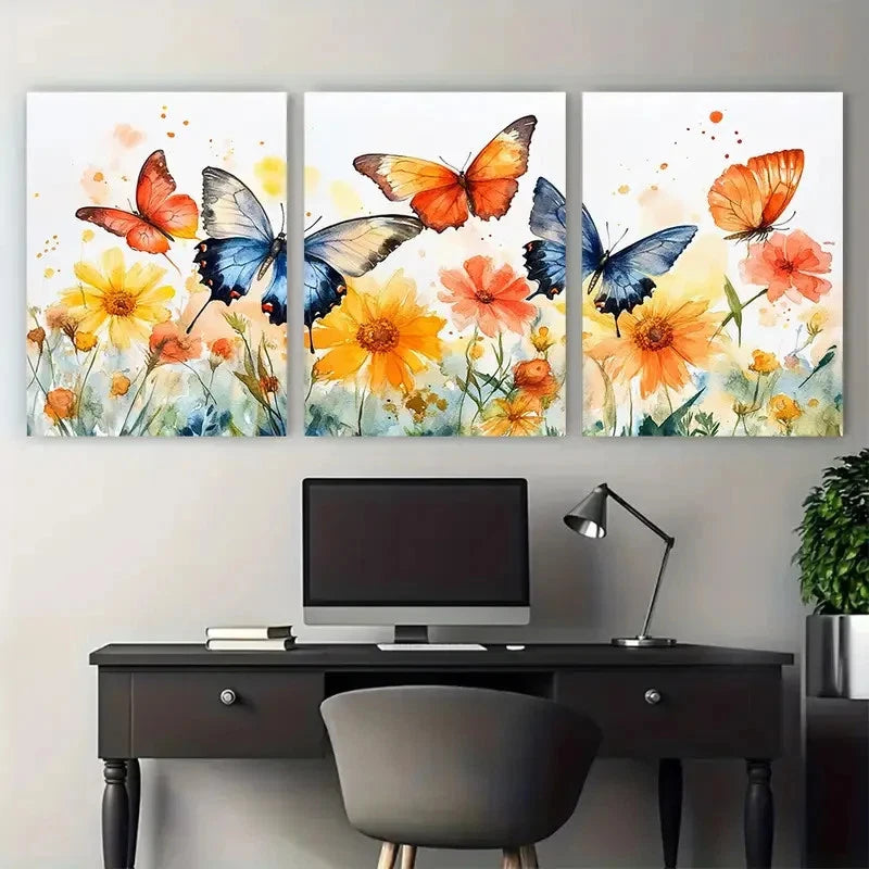 3pcs Vibrant Serene Summer Meadow with Butterflies Metal Print Ready to Hang Art