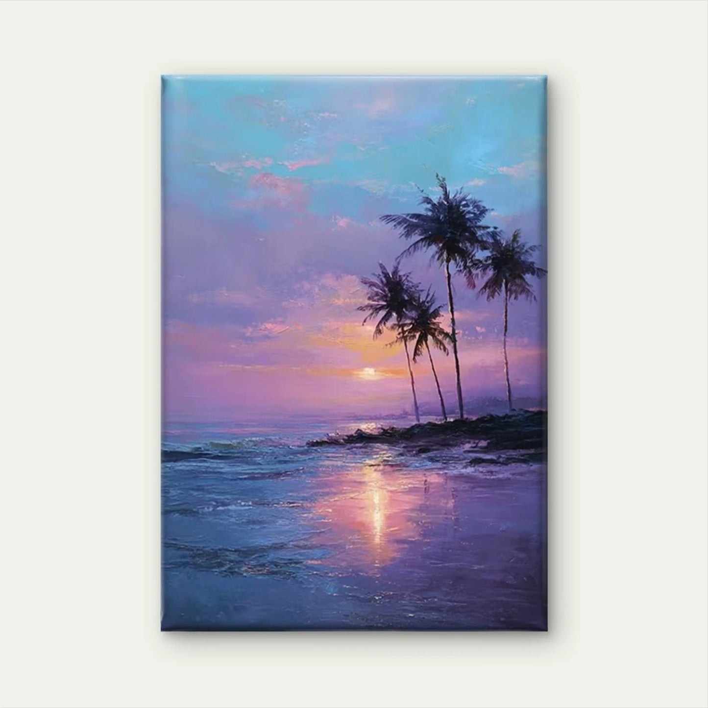 Beach Sunset Painting with Silhouetted Palm Trees 60x90cm Metal Print Ready to Hang