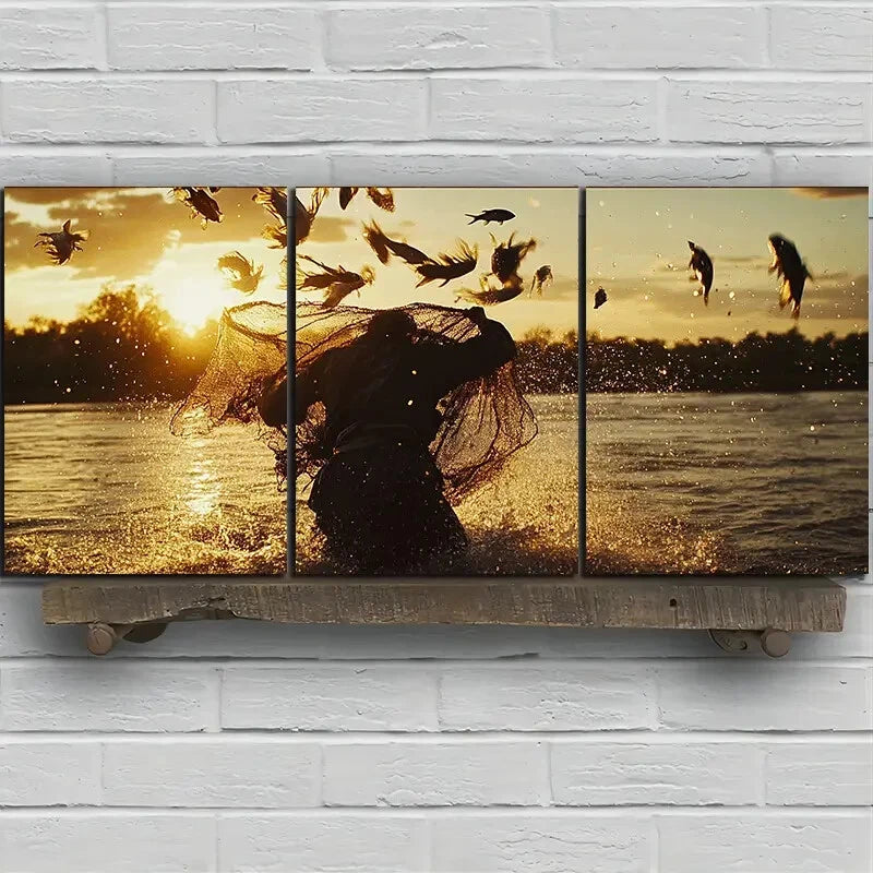 3pcs Fishermen Casting Nets Sunset Metal Print Ready to Hang Art - Bella Home Decor