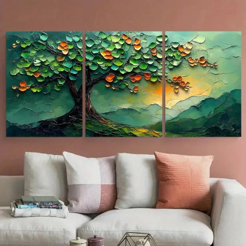 3pcs Abstract Green Tree Textured Nature Landscape Metal Print Ready to Hang Art - Bella Home Decor