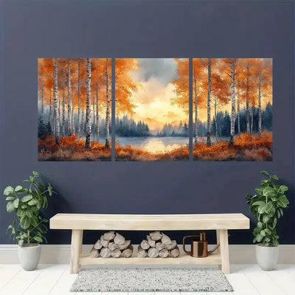 3pcs Autumn Forest Landscape with Vibrant Fall Metal Print Ready to Hang Art - Bella Home Decor