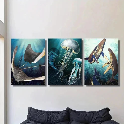 3pcs Whale Octopus Jellyfish Marine Life Wall Art Set Canvas Unframed - High Quality Print 100% Australian Made Wall Canvas