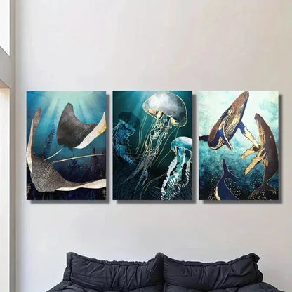 3pcs Whale Octopus Jellyfish Marine Life Wall Art Set Canvas Unframed - High Quality Print 100% Australian Made Wall Canvas