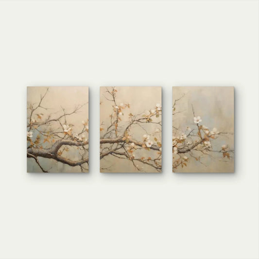 3pcs Vintage White Cherry Blossom Tree Branch Wall Art Set Canvas Framed 40x60cm - High Quality Print 100% Australian Made Wall Canvas Ready to Hang - Bella Home Decor