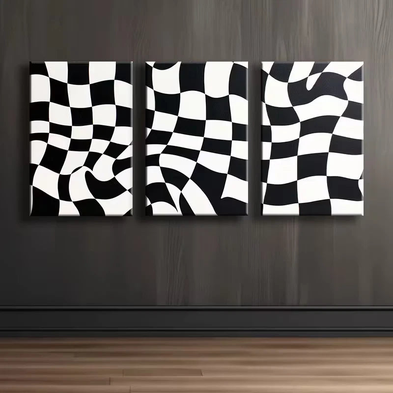 3pcs Black and White Checkered Pattern Wall Art Set Canvas Framed 60x90cm - High Quality Print 100% Australian Made Wall Canvas Ready to Hang - Bella Home Decor
