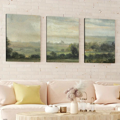 3pcs Vintage Green Nature Forest Sky Grasses Wall Art Set Canvas Unframed - High Quality Print 100% Australian Made Wall Canvas