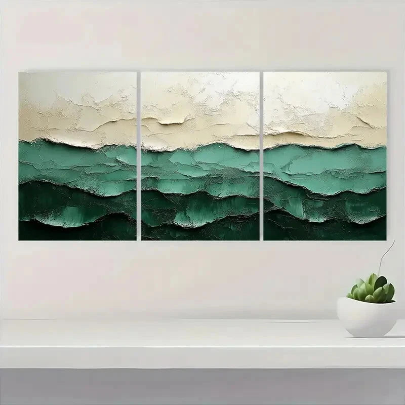 3pcs Abstract Green & White Textured Metal Print Ready to Hang Art - Bella Home Decor