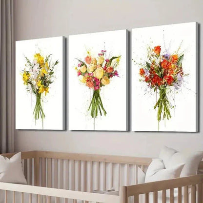 3pcs Colorful Floral Murals with Green Stems Wall Art Set Canvas Wall Art Canvas Unframed - High Quality Print 100% Australian Made Wall Canvas - Bella Home Decor