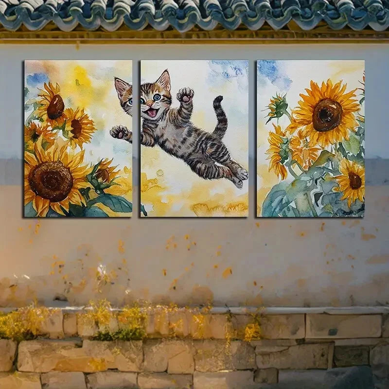 3pcs Cat Is Playing in The Sunflower Field Metal Print Ready to Hang Art - Bella Home Decor