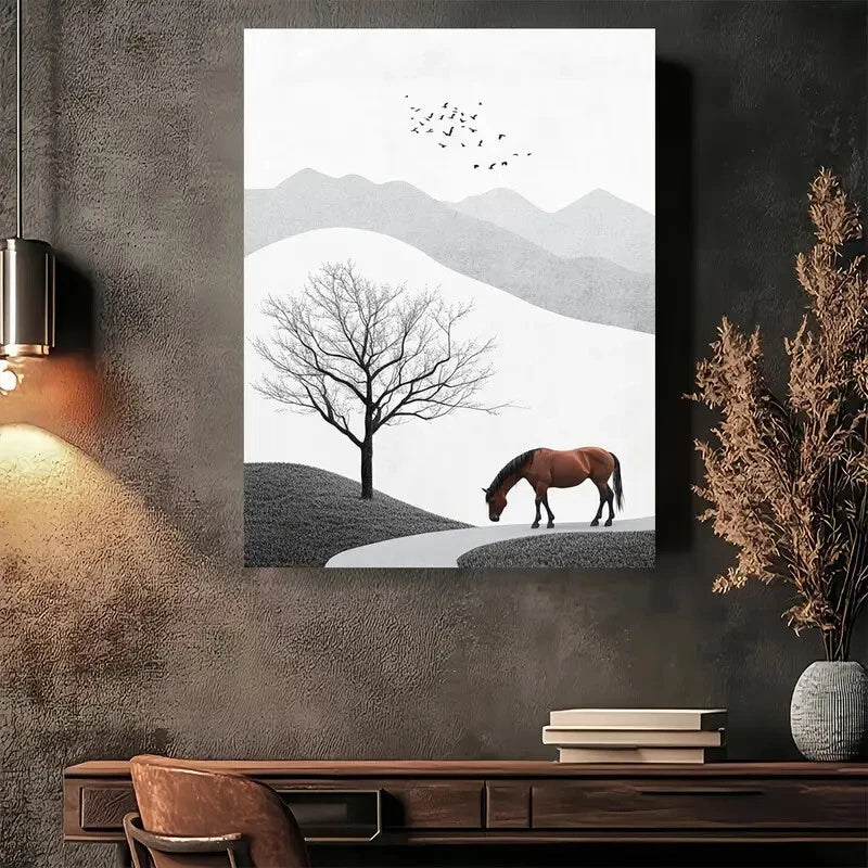 Beautiful Minimalist Horse Landscape Painting 40x60cm Metal Print Ready to Hang - Bella Home Decor