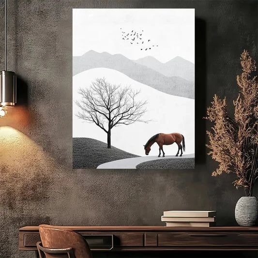 Beautiful Minimalist Horse Landscape Painting 40x60cm Metal Print Ready to Hang