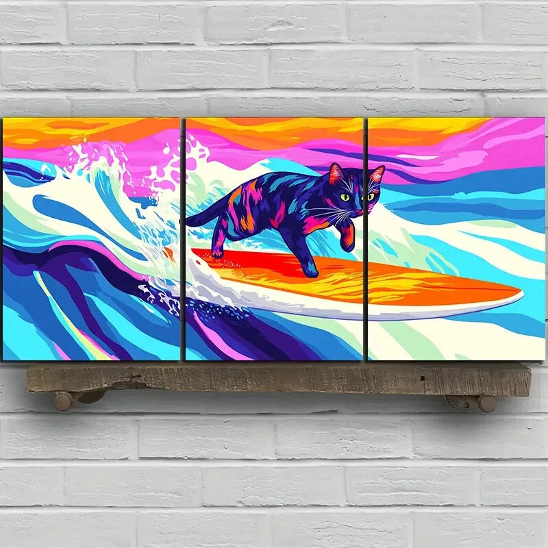 3pcs Multicolor Cat on Surfboard Cat Surfing Metal Print Ready to Hang Art - Bella Home Decor