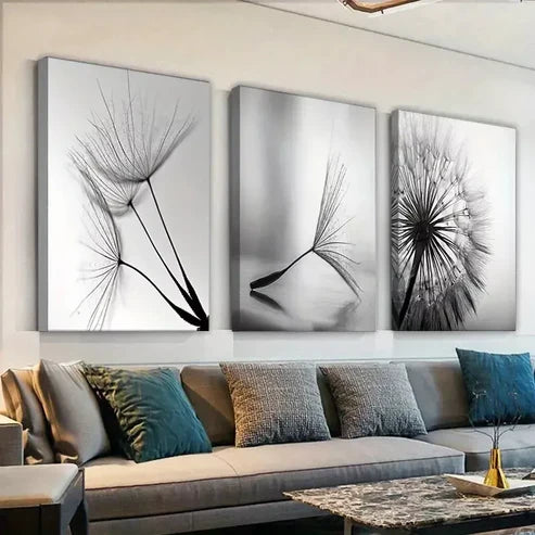 3pcs Dandelion Flower Black & White Art Set Canvas Unframed - High Quality Print 100% Australian Made Wall Canvas