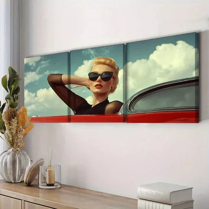 3pcs Woman in black sunglass leaning on a car Wall Art Set Canvas Unframed - High Quality Print 100% Australian Made Wall Canvas