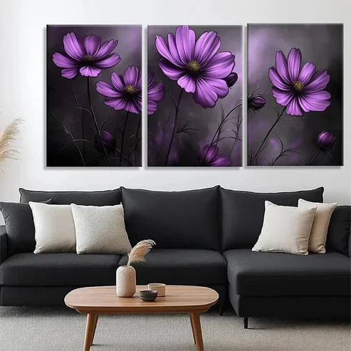 3pcs Purple Cosmos Flowers Soft Dark Perfect Wall Art Canvas Unframed - High Quality Print 100% Australian Made Wall Canvas