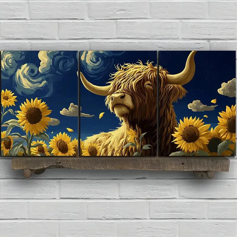 3pcs Sunflowers and Highland Cows Metal Print Ready to Hang Art - Bella Home Decor