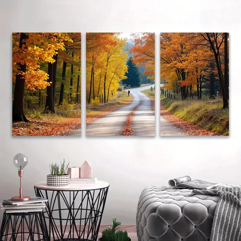 3pcs Autumn Road Landscape Wall Art Set Canvas Framed 50x70cm - High Quality Print 100% Australian Made Wall Canvas Ready to Hang - Bella Home Decor