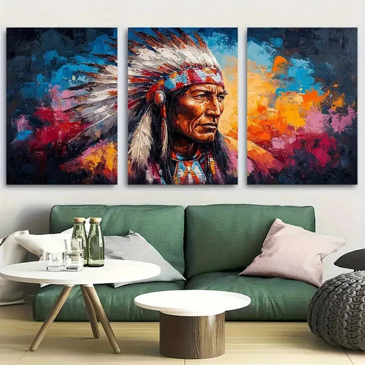 Triptych painting of a Native American figure on a wall above a green sofa.
