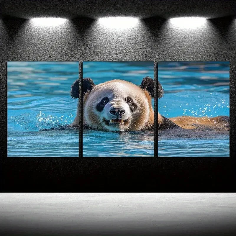 3pcs Vibrant Funny Swimming Panda Illustration Metal Print Ready to Hang Art