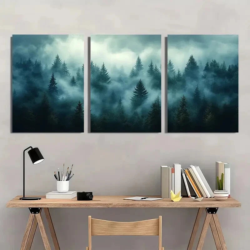 3pcs Misty Pine Forest Modern Nature Metal Print Ready to Hang Art - Bella Home Decor