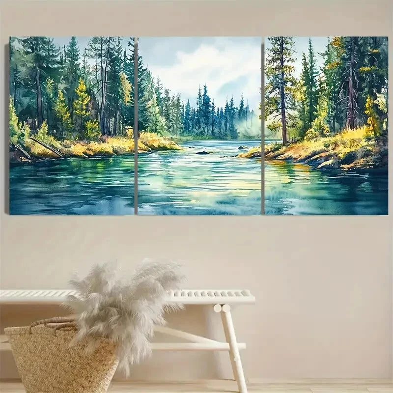 3pcs Deschutes River Oregon Pine Trees River Shore Metal Print Ready to Hang Art - Bella Home Decor