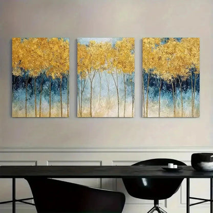 3pcs Golden Forest Landscape with Blue Accents Metal Print Ready to Hang Art - Bella Home Decor