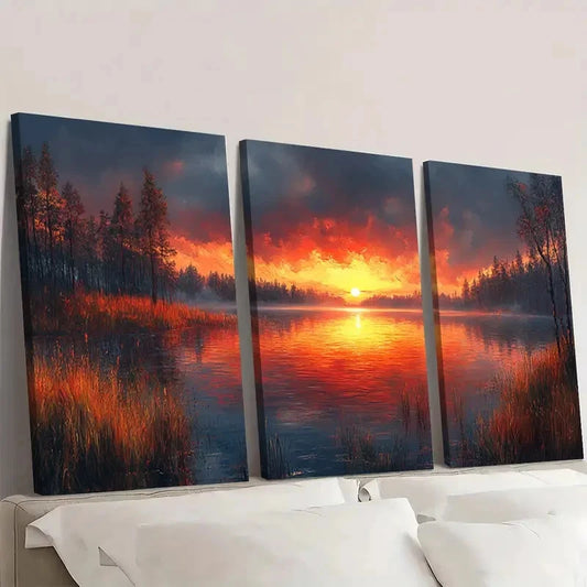 3pcs Serene Lake at Moody Sunset A Wall Art Set Canvas Framed 40x60cm - High Quality Print 100% Australian Made Wall Canvas Ready to Hang