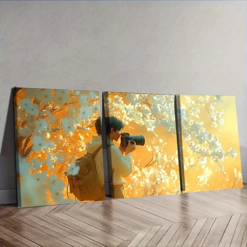 3pcs Male Cameraman Holding Camera Flowers Wall Art Canvas Unframed - High Quality Print 100% Australian Made Wall Canvas
