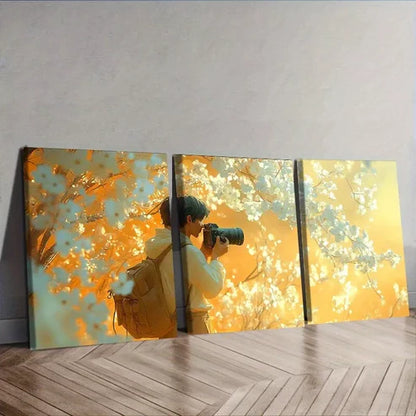 3pcs Male Cameraman Holding Camera Flowers Wall Art Canvas Unframed - High Quality Print 100% Australian Made Wall Canvas
