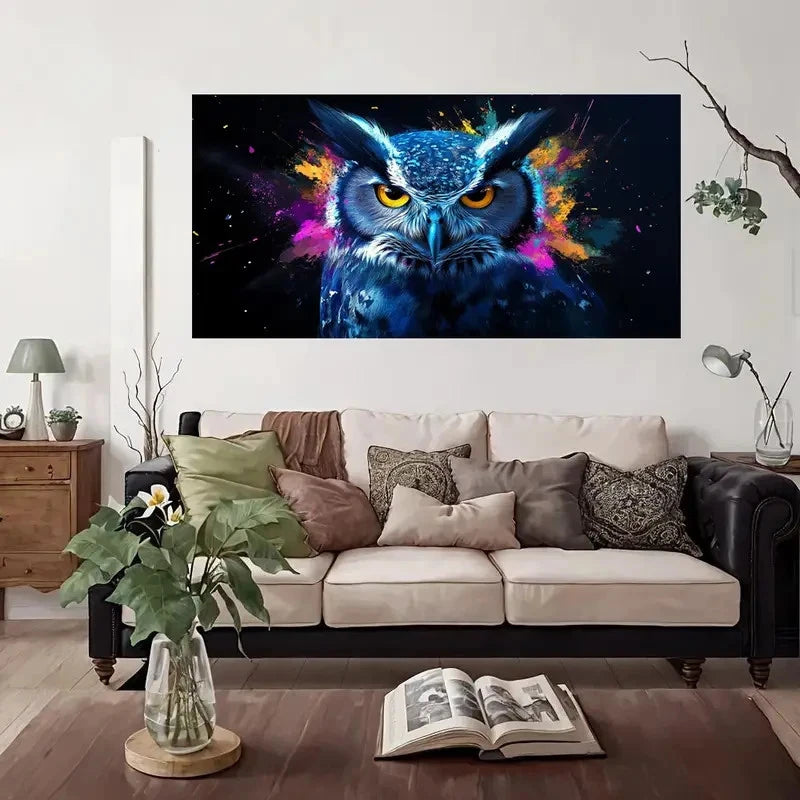Vibrant Abstract Owl Wall Art Canvas Office Home Room Framed 120x60cm