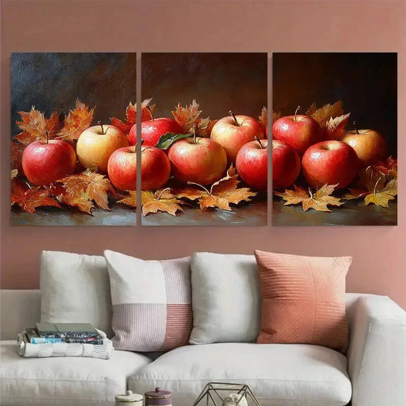3pcs Still Life with Apples and Autumn Leaves Metal Print Ready to Hang Art - Bella Home Decor