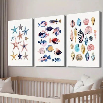 3pcs Starfish Shells And Tropical Fish Wall Art Set Canvas Unframed - High Quality Print 100% Australian Made Wall Canvas