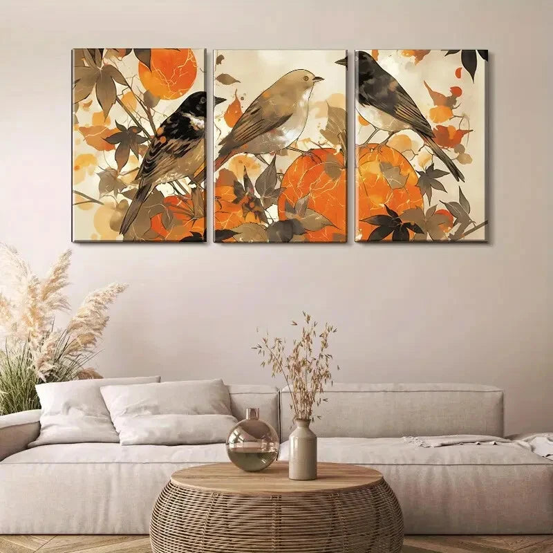 3pcs Birds and Autumn Leaves Elegant Perfect Wall Art Set Canvas Framed 40x60cm - High Quality Print 100% Australian Made Wall Canvas Ready to Hang - Bella Home Decor