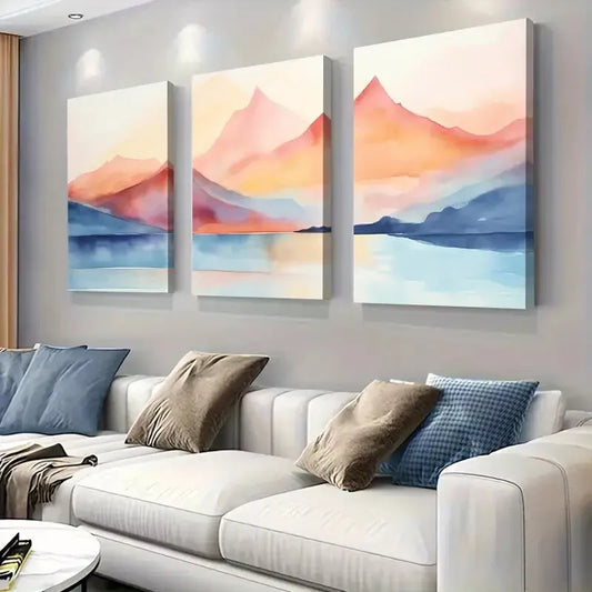 3pcs Affordable Serene Lake Mountain Watecolor Art Set Canvas Framed 50x70cm - High Quality Print 100% Australian Made Wall Canvas Ready to Hang