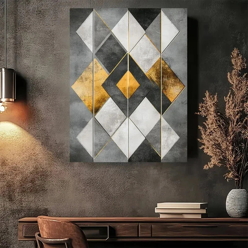 Beautiful Modern Geometric White & Golden Painting 40x60cm Metal Print Ready to Hang - Bella Home Decor