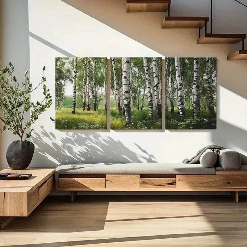 3pcs Birch Forest Lush Green Foliage Wall Art Set Canvas Framed 60x90cm - High Quality Print 100% Australian Made Wall Canvas Ready to Hang - Bella Home Decor