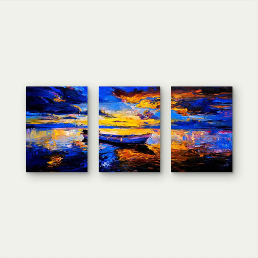 3pcs Lone Boat Under Fiery Skies Wall Art Set Canvas Framed 40x60cm - High Quality Print 100% Australian Made Wall Canvas Ready to Hang - Bella Home Decor